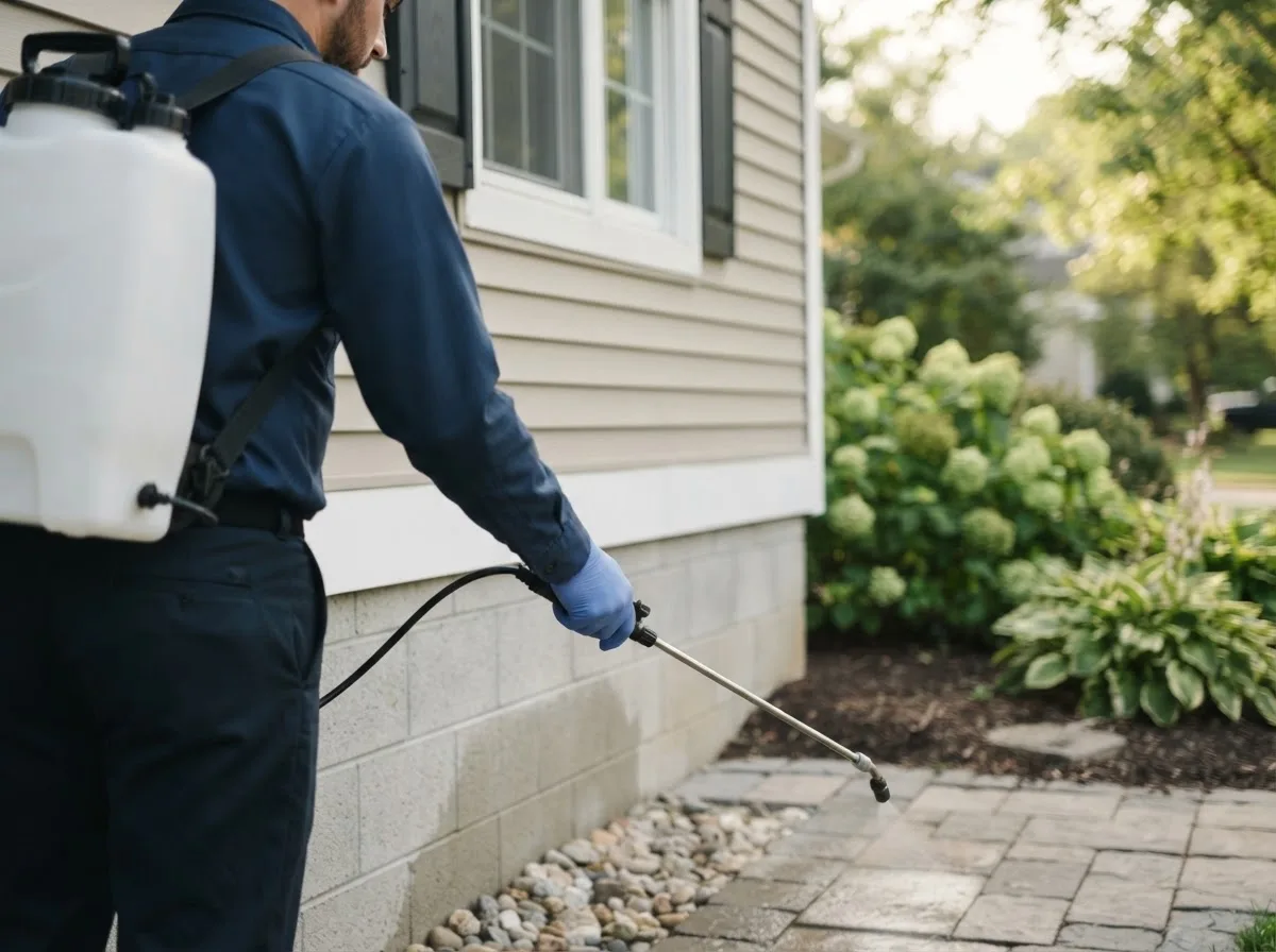 Pest control technician inspecting a home in Clinton, MI